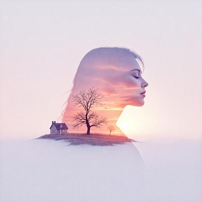 The primary subject of the image is a woman with a tree in the background. The setting is a field with a house in the distance. The visual style is a digital art or illustration, creating a surreal and dreamy atmosphere. The colors are predominantly white, with the woman's hair and the tree being the main focus, giving the image a serene and peaceful mood.